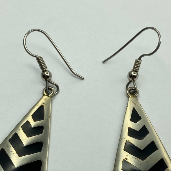 Vintage Alpaca Mexico Silver Drop Earrings Black Inlay Chevron Diamond - Picture 8 of 9